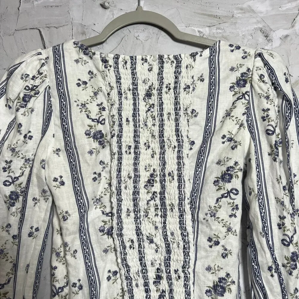 Reformation Linen Smocked Puff Sleeve Top SIZE 2 White Blue Floral